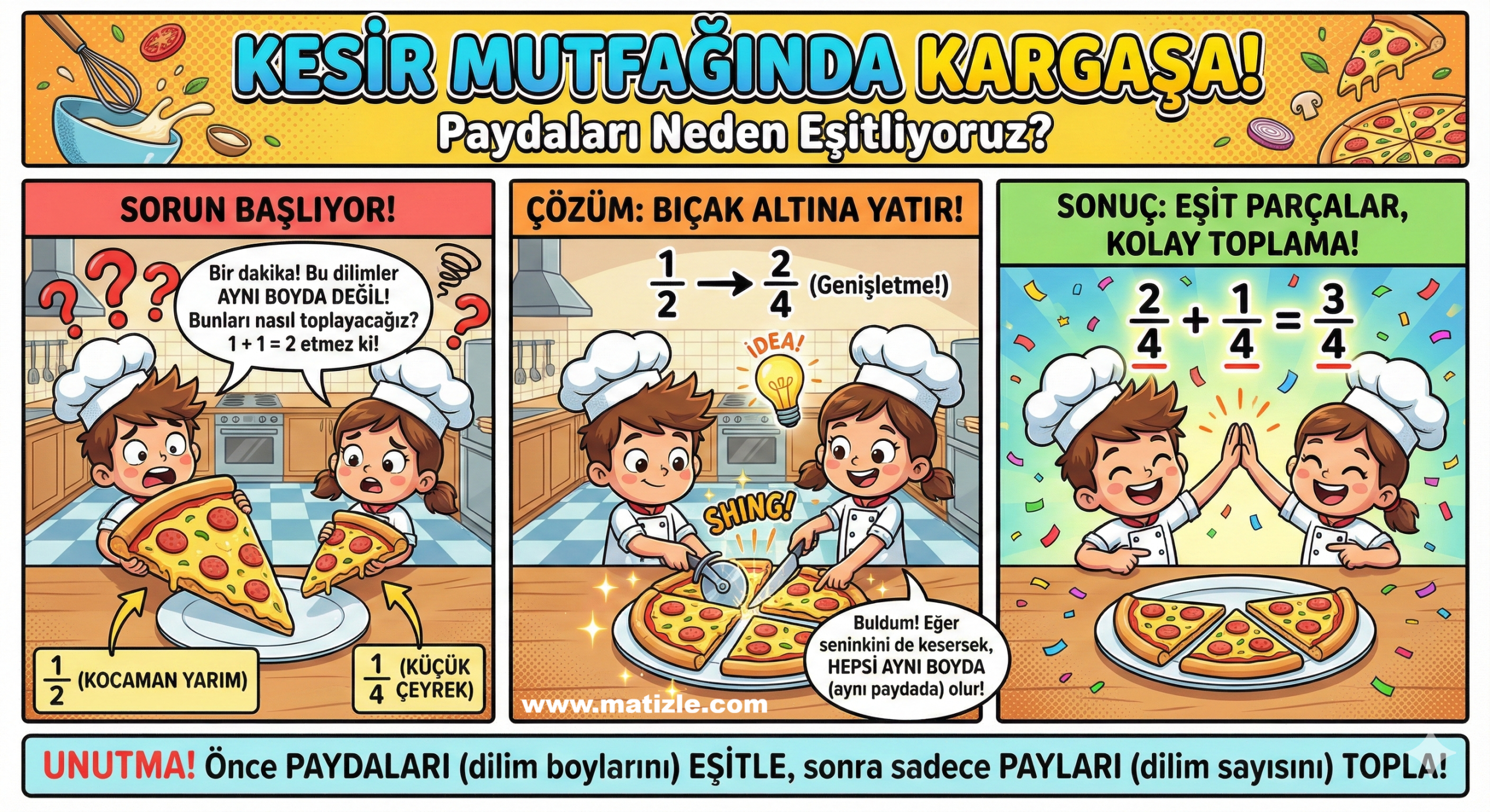 Pizzayla Matematik Çok Kolay! 🍕 Kesirlerde Payda Eşitleme Mantığı