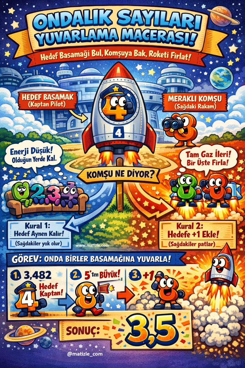 Roketlerle Matematik Macerası: Ondalık Sayıları Eğlenerek Yuvarla! 🚀