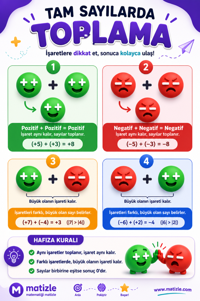 Tam sayılarda toplama işlemi nasıl yapılır? Pozitif ve negatif sayıların toplanmasında işaret kurallarını örneklerle kolayca öğrenin. 6, 7 ve 8. sınıf ile LGS öğrencileri için ücretsiz konu anlatımı ve görsel poster.